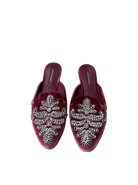 Antonio Melani Red Wine Velvet Rhinestone Jeweled Oguna Mules Flat