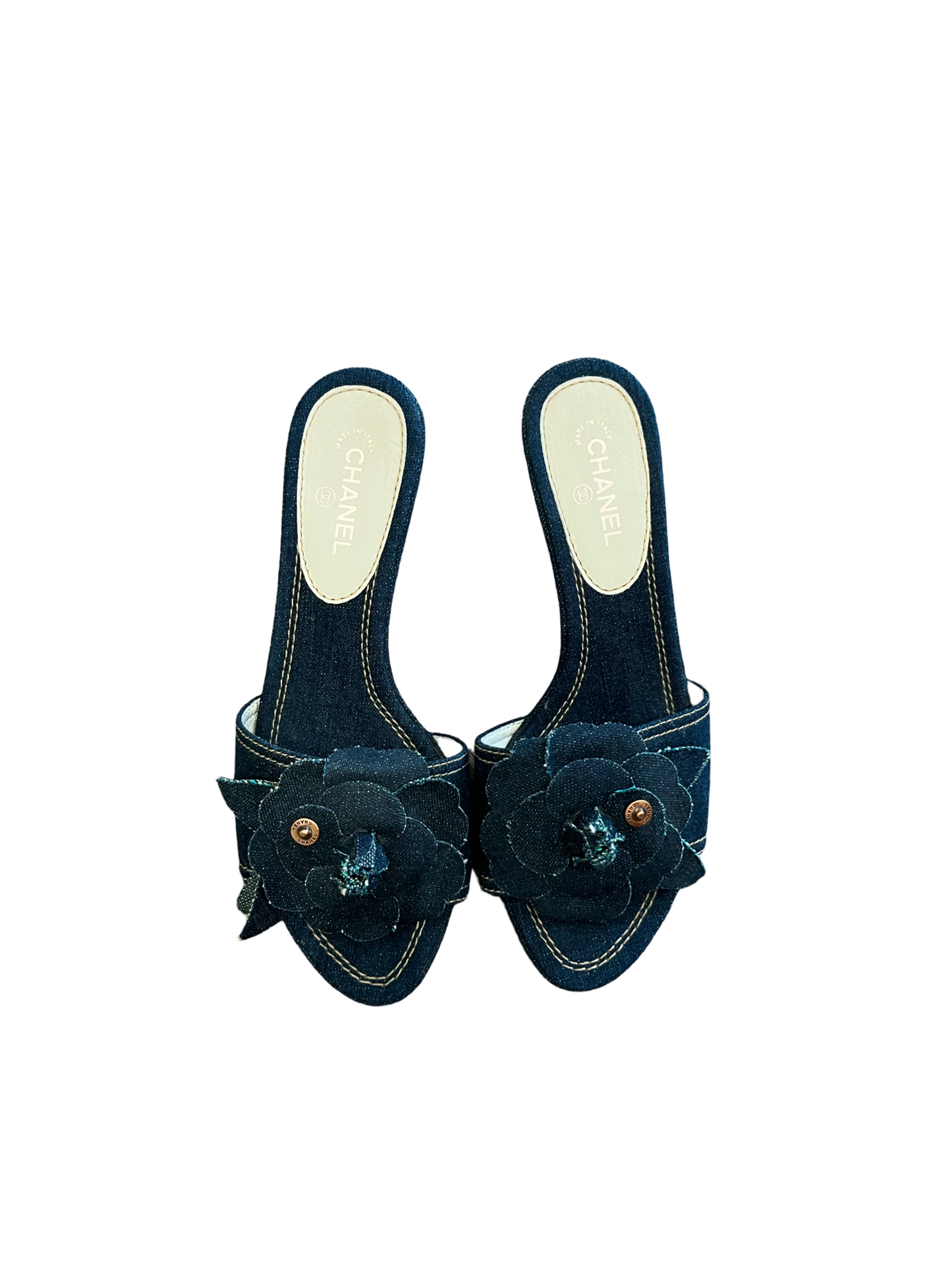 Chanel Denim Sandal Camellia Open Toe Kitten Heels / 36.5