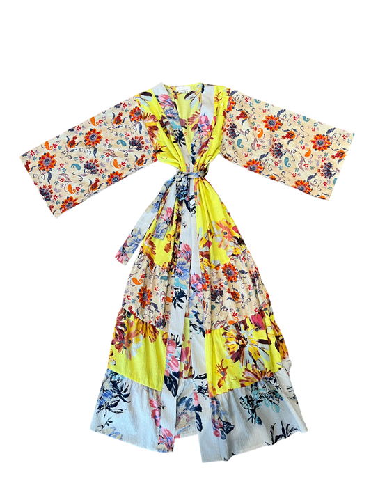 Anthropologie Yellow Multicolor Print Tiered Kimono