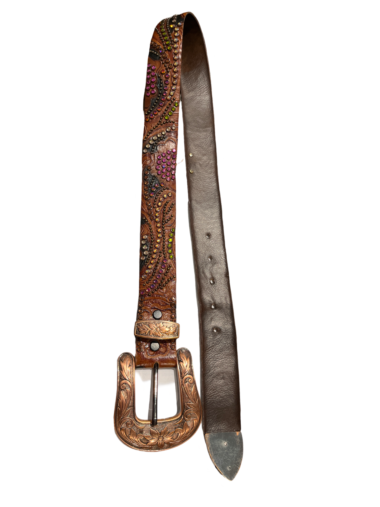 Kippy's Belt Pink/Green/Amber Crystals  Brown Leather Big Copper Buckle & Trim