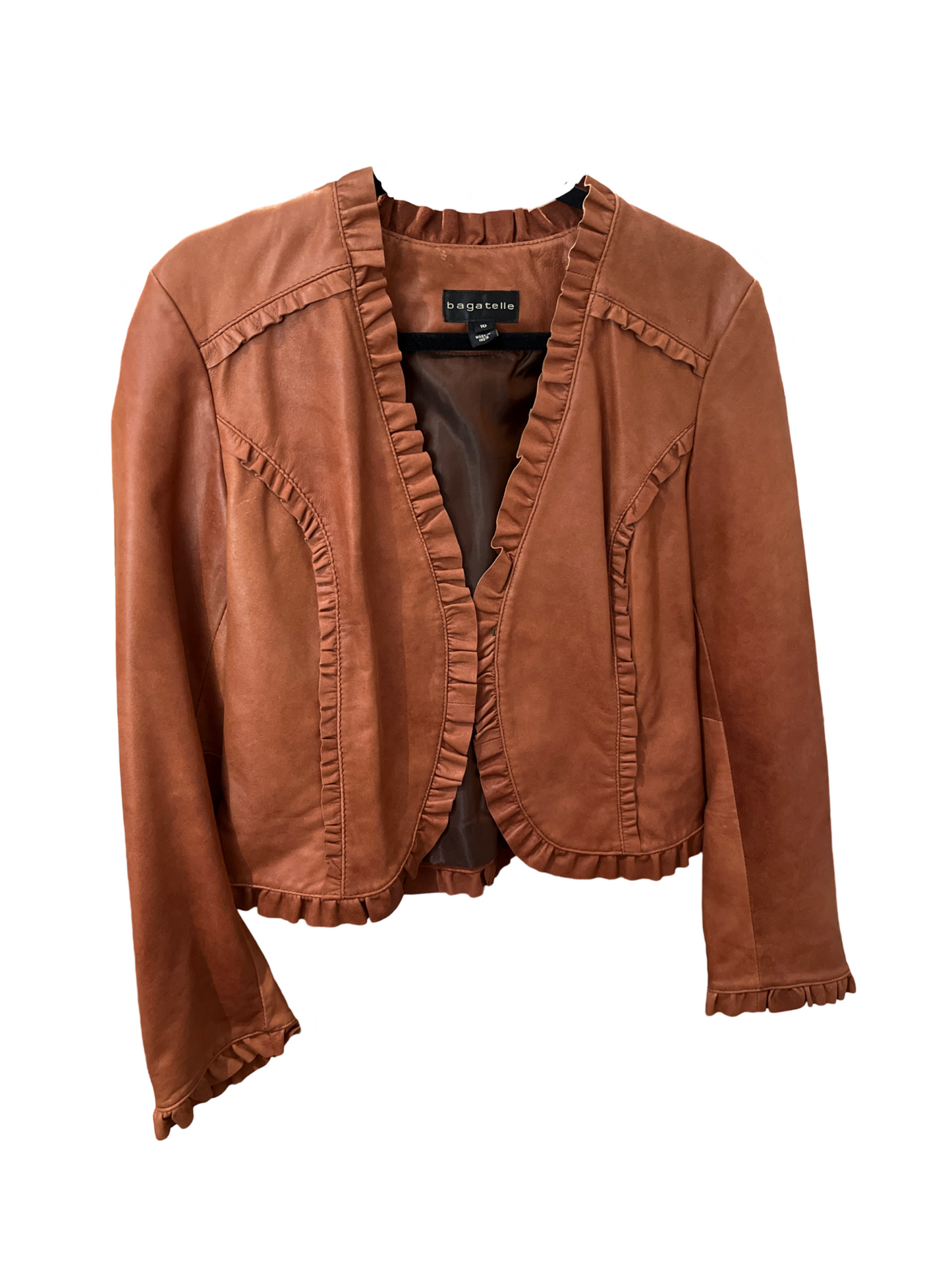 Bagatelle Cognac Genuine Leather Jacket Ruffle Detail /10