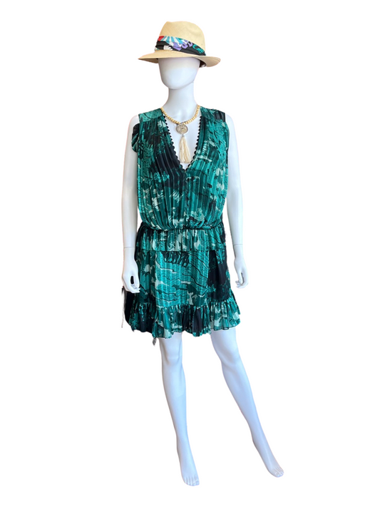 Victoria Beckham Mix-Print Pleated Mass Green Mini Dress /4