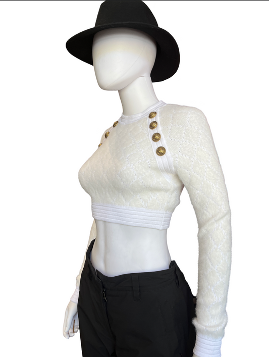 Balmain Paris Buttoned Cropped Sweater White Size 34