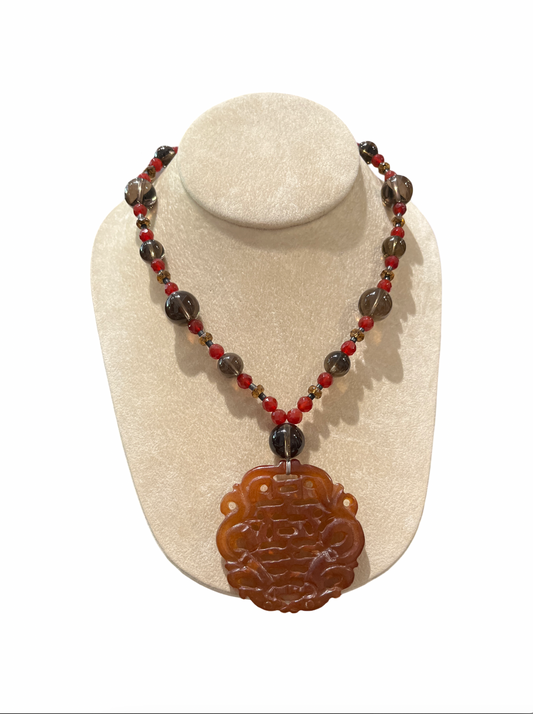 Carved Out Fire Agate/Red Jade Medallion Glass Beads